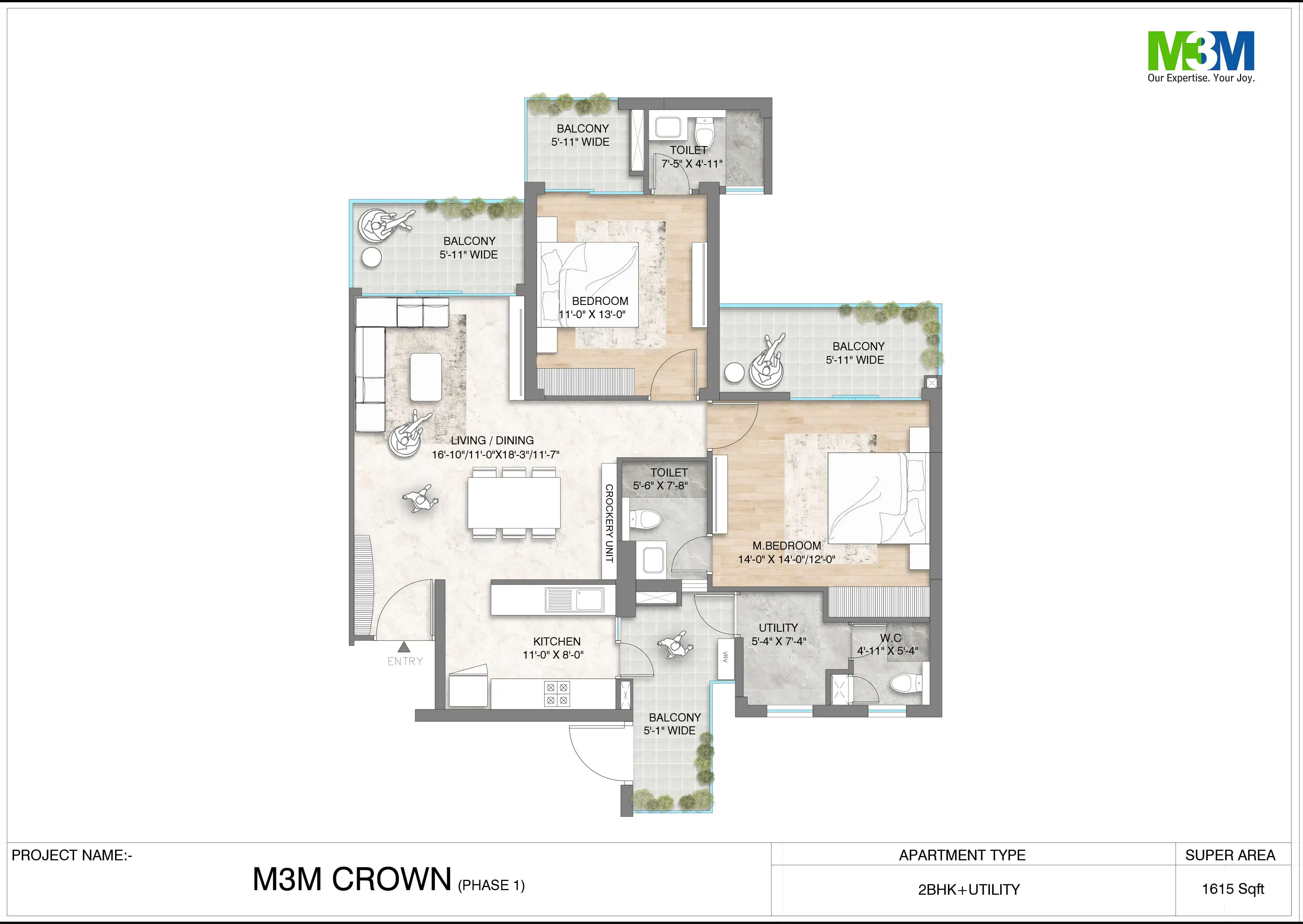 M3M Crown 2 BHK Floor Plan