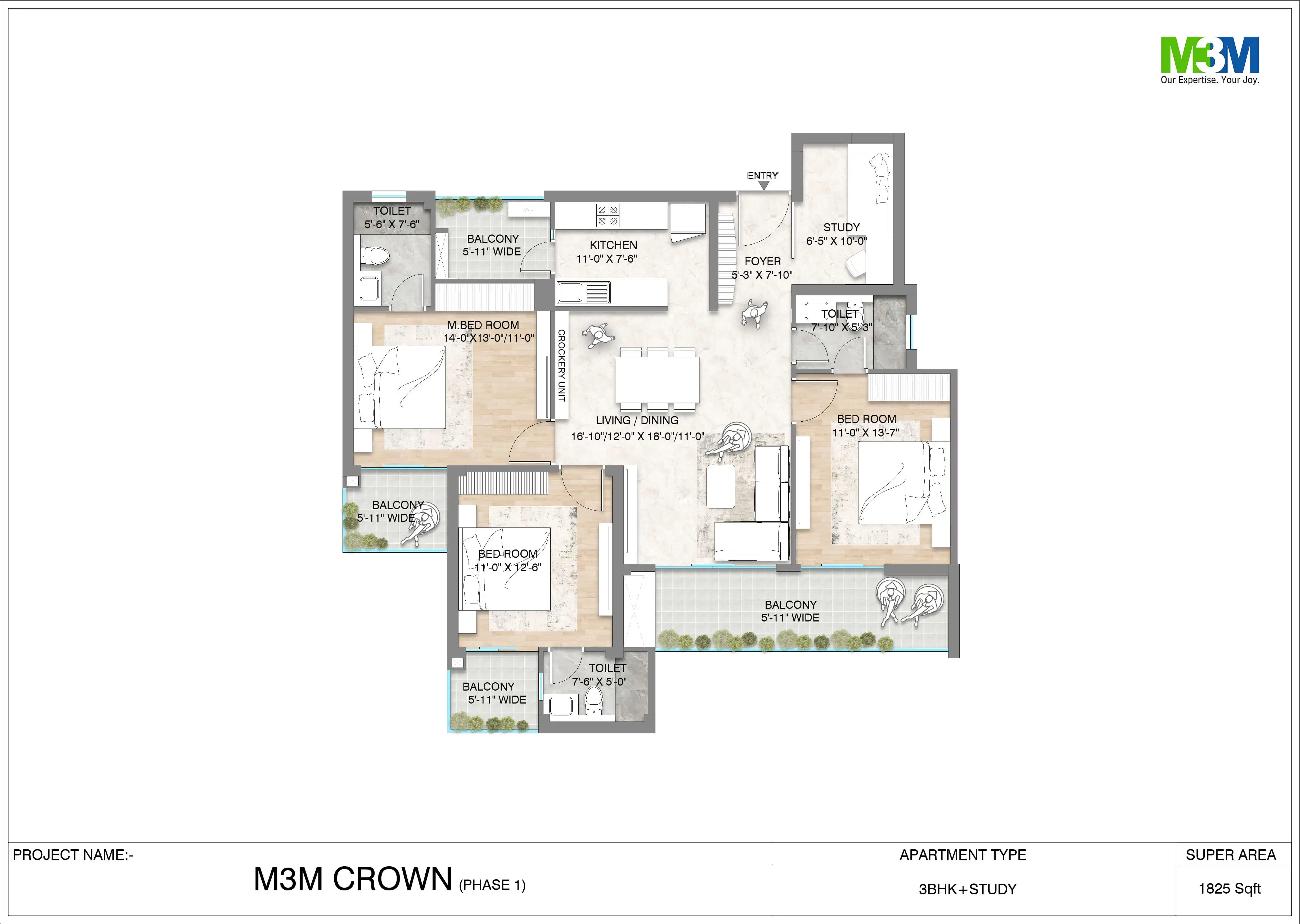 M3M Crown 3 BHK+Study Room Floor Plan
